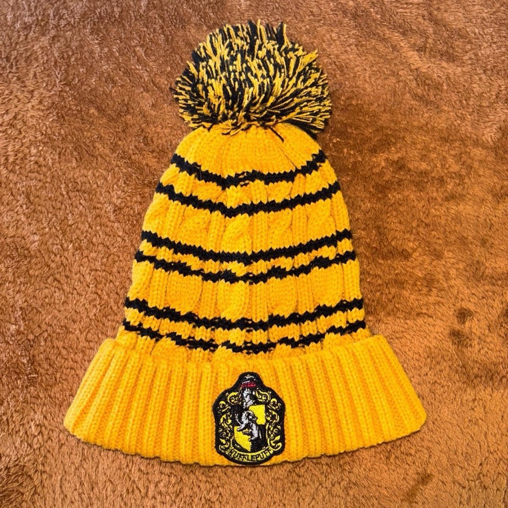 Yellow and Black Hufflepuff Pom-Pom Beanie